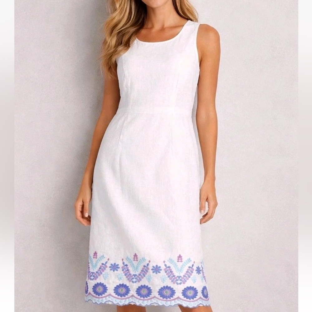 Talbots Floral Embroidery Linen White Sheath Dress
